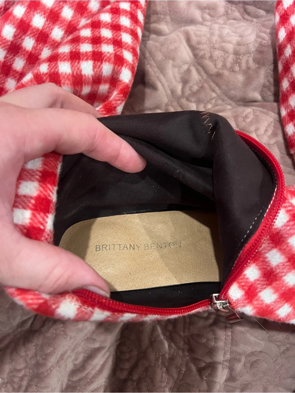 Thigh high Red Gingham Boots with Silver B Heel